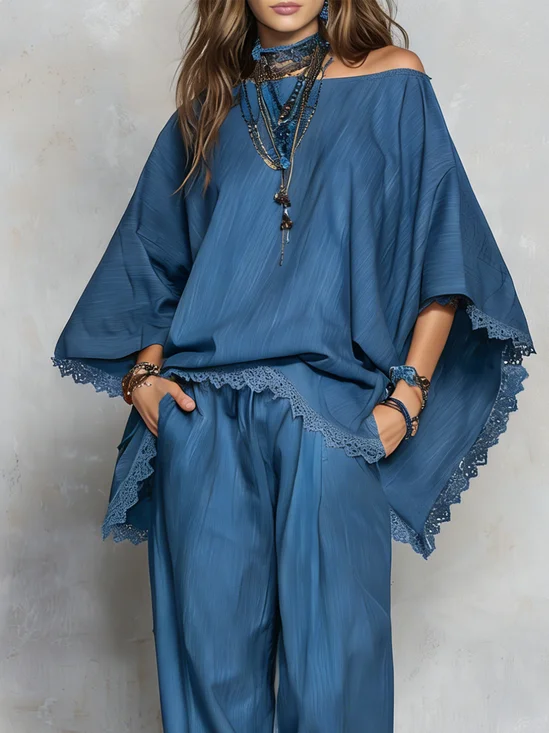 Casual Plain Boat Neck Faux Denim Top