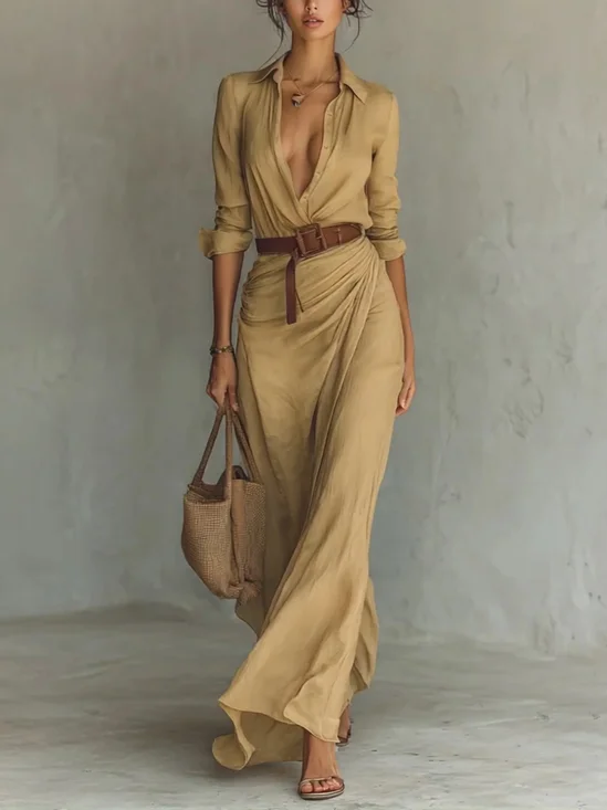 Casual Plain Ruched Shirt Collar Maxi Dress No Belt