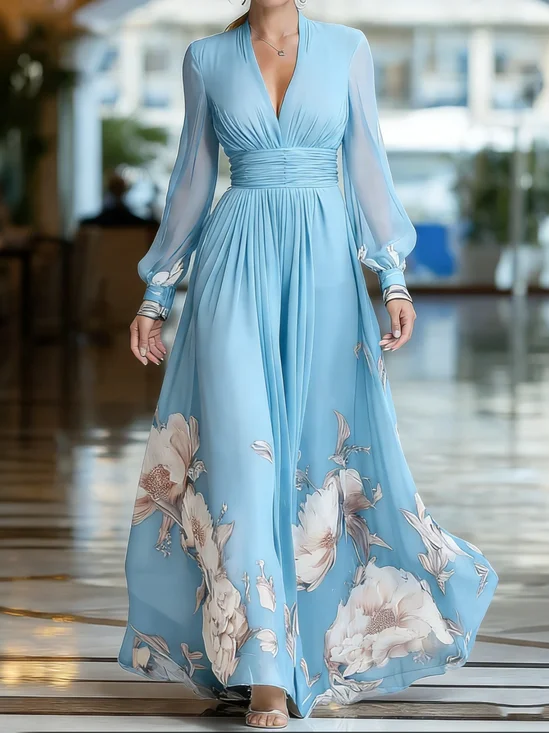 Elegant Floral V Neck Maxi Dress