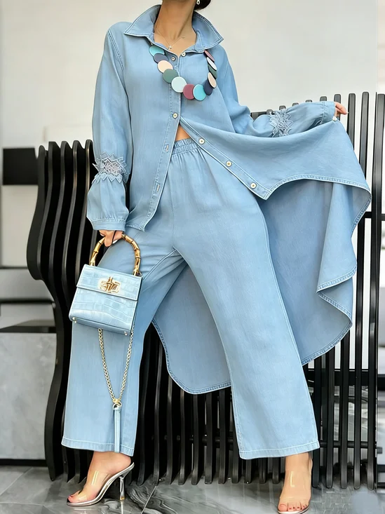 Faux Denim Casual Plain Lace Edge Shirt Collar  Shirt