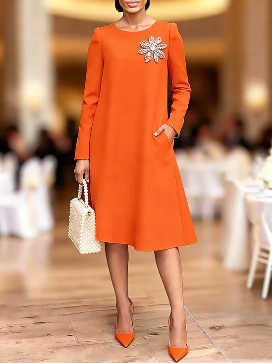 Elegant Plain Rhinestone Crew Neck Midi Dress