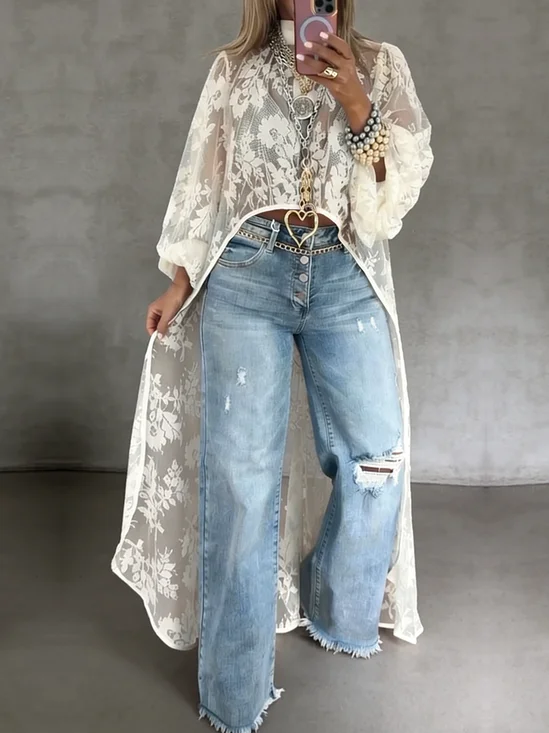 Lace Elegant Plain Irregular Craftsmanship Stand Collar Balloon Sleeve Blouse