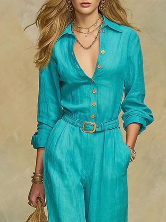 Cotton And Linen Casual Plain Buttoned Shirt Collar  Shirt