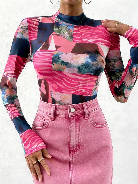 Urban Floral Printing Stand Collar T-shirt