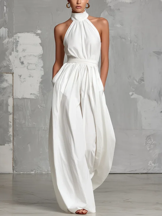Vacation Cotton Lace-up Plain Halter Tank Jumpsuit With Belt