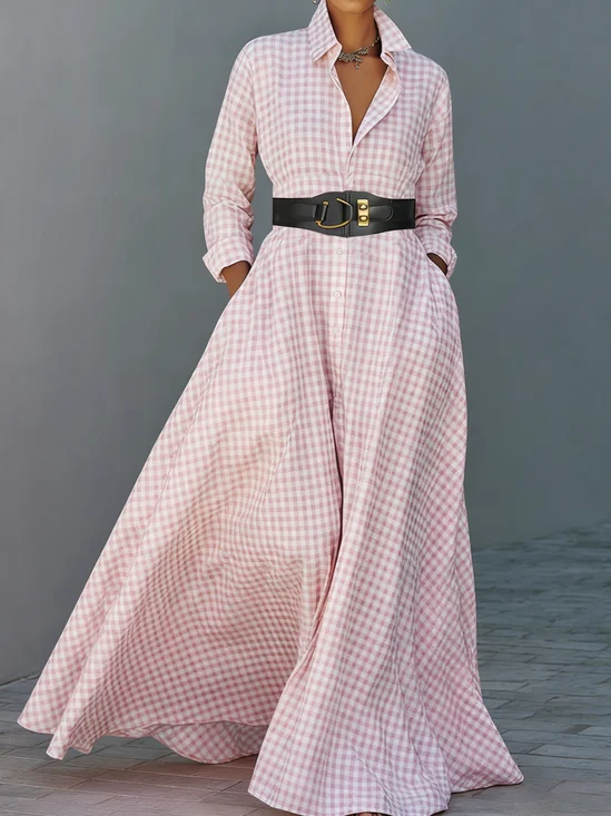 Urban Plaid Shirt Collar Maxi Dress No Belt