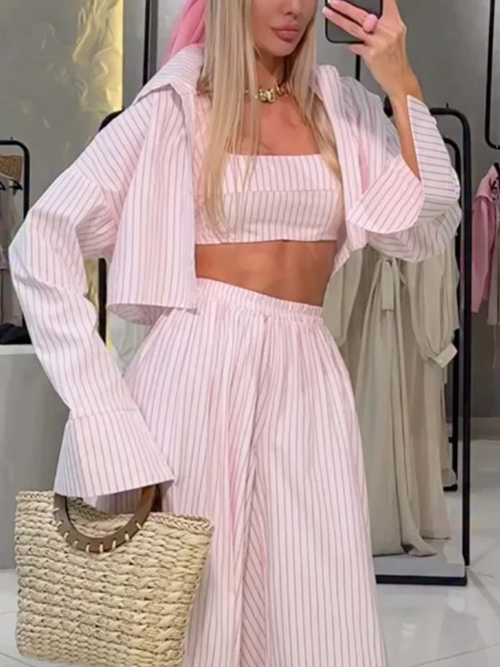 Casual Striped Shawl Collar Jacket With Tube Top