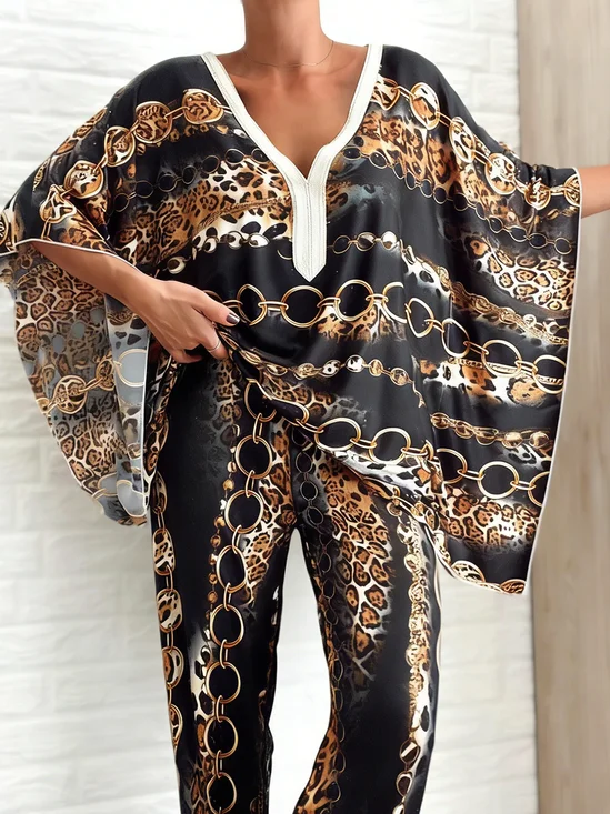 Urban Chian Animal Print Printing V Neck Raglan Sleeves Blouse