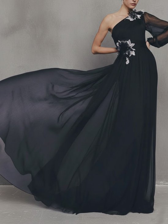 Elegant Floral Glitter One Shoulder Maxi Dress