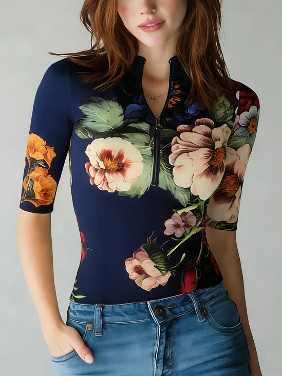 Casual Floral Printing Crew Neck T-shirt