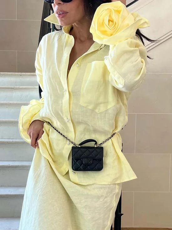 Cotton And Linen Elegant Plain 3D Floral Shirt Collar Shirt