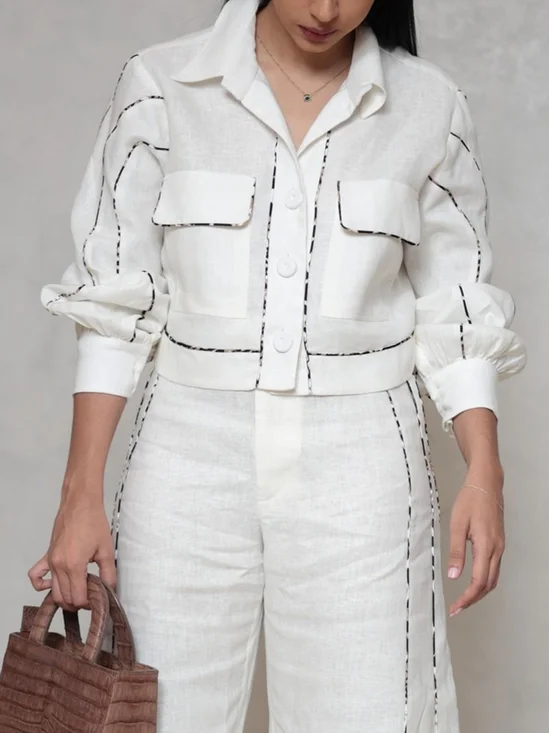 Cotton And Linen Casual Plain Binding  Shirt