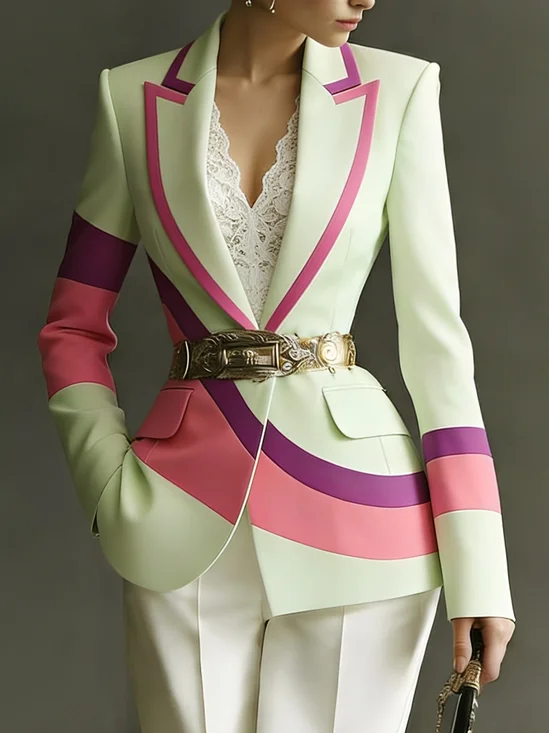 Urban Printing Color Block Lapel Collar Blazer No Belt