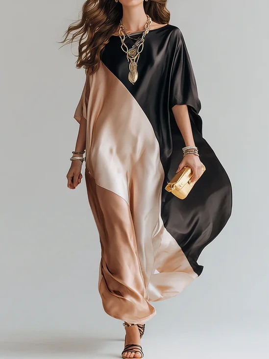 Casual Color Block Crew Neck Maxi Dress