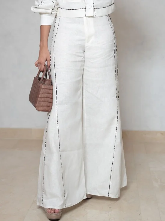 Cotton And Linen Casual Plain Binding Wide Leg Pants