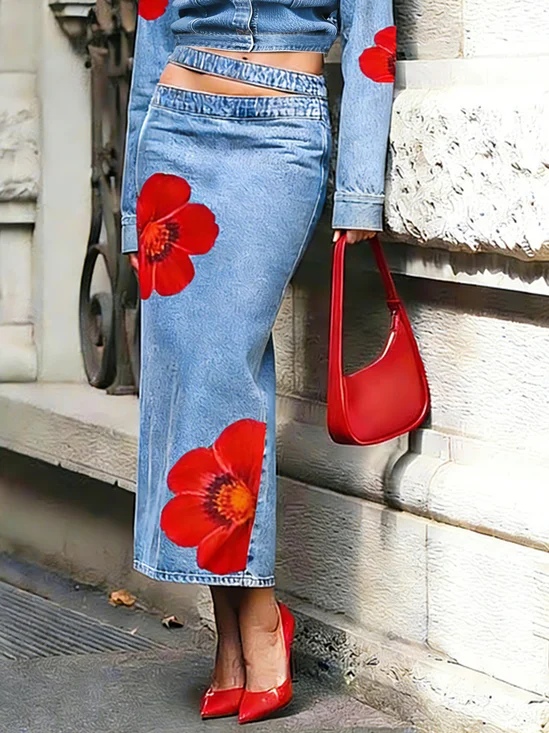 Urban Printing Floral Midi Denim Skirt
