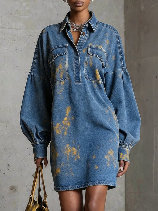 Casual Plain Raglan Sleeves Denim Shirt Collar Mini Dress