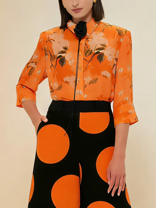 Urban Floral Printing Bell Sleeve Shirt With Brooch