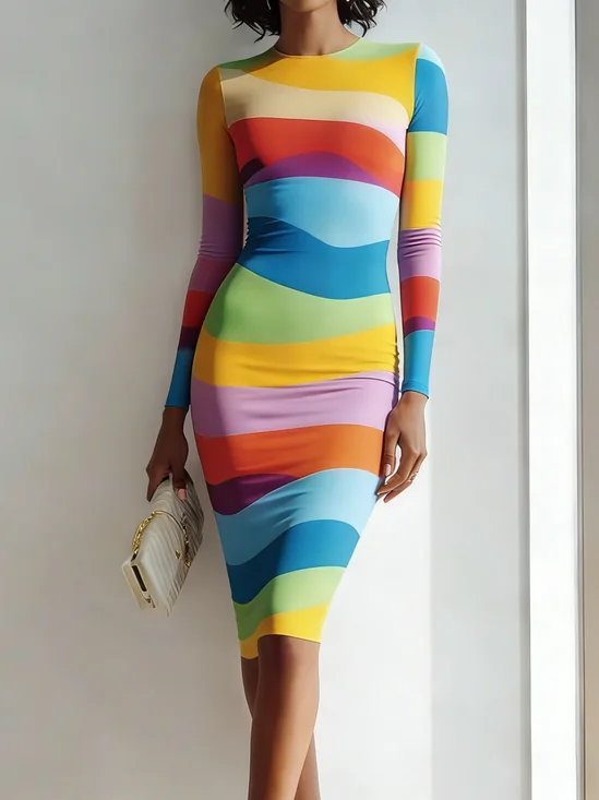 Urban Colorblock Crew Neck Knee Length Dress