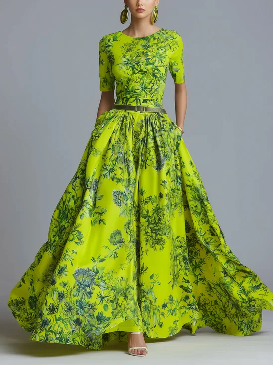 Elegant Floral Printing Crew Neck Maxi Dress With Belt