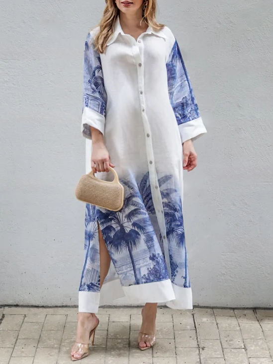 Casual Coconut Tree  Printing Shirt Collar Maxi Dress