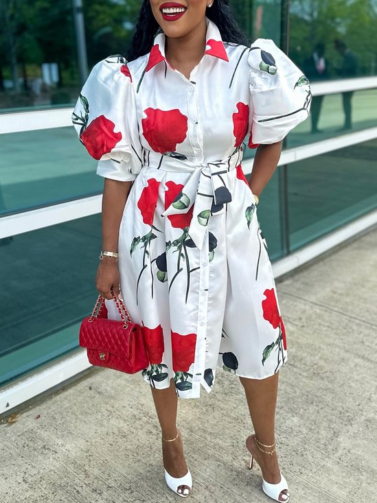 Elegant Floral Puff Sleeve Printing Shirt Collar Midi Dress With Belt