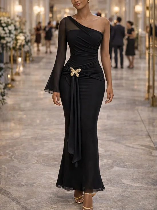 Elegant Plain Buckle Asymmetrical Collar Maxi Dress