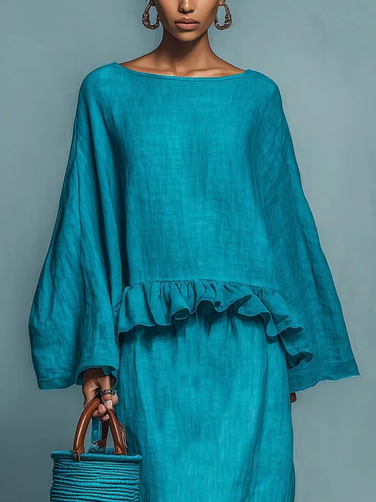 Cotton And Linen Casual Plain Peplum Crew Neck  Blouse