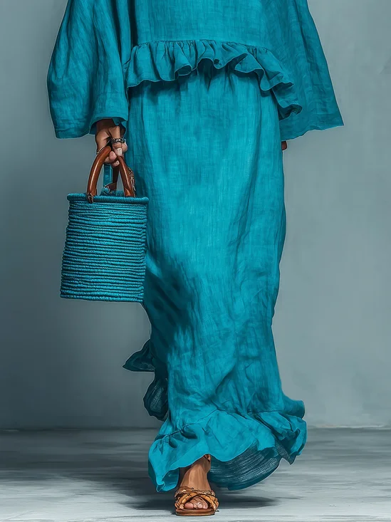 Casual Cotton And Linen Plain Maxi Skirt