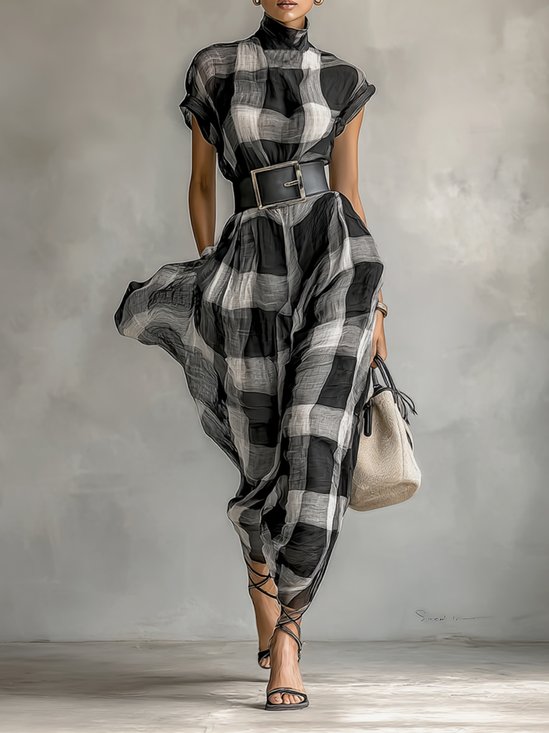 Urban Plaid Printing Stand Collar Maxi Dress With Belt