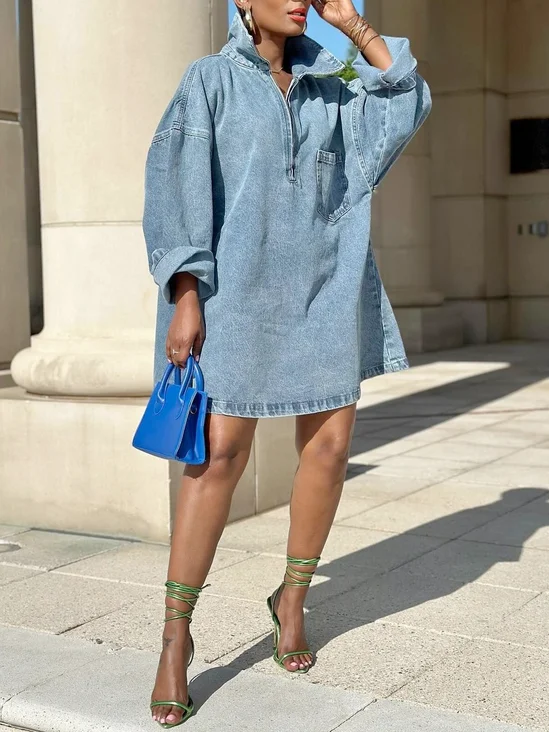 Denim Casual Plain Zipper Shirt Collar Mini Dress