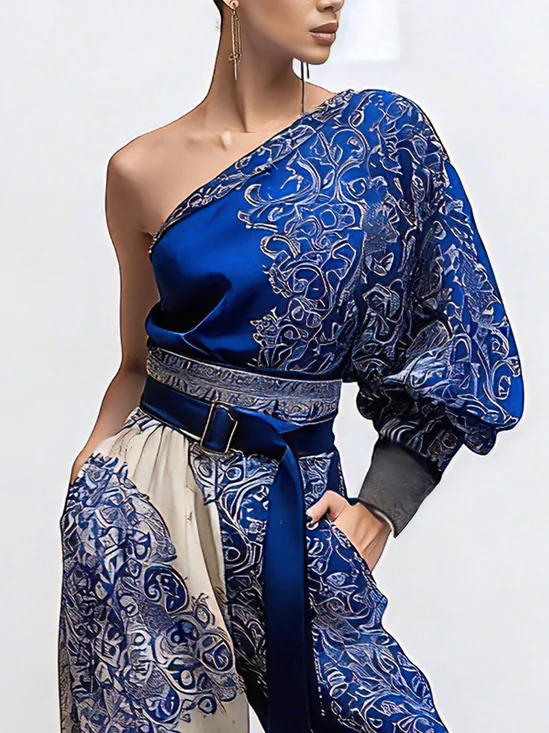 Casual Paisley Printing One Shoulder Balloon Sleeve Blouse