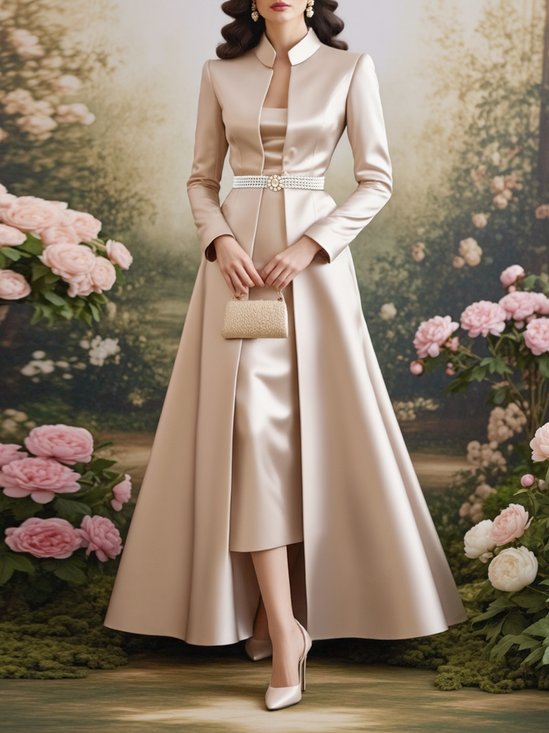 Satin Elegant Plain Pearl Stand Collar Maxi Dress With Belt