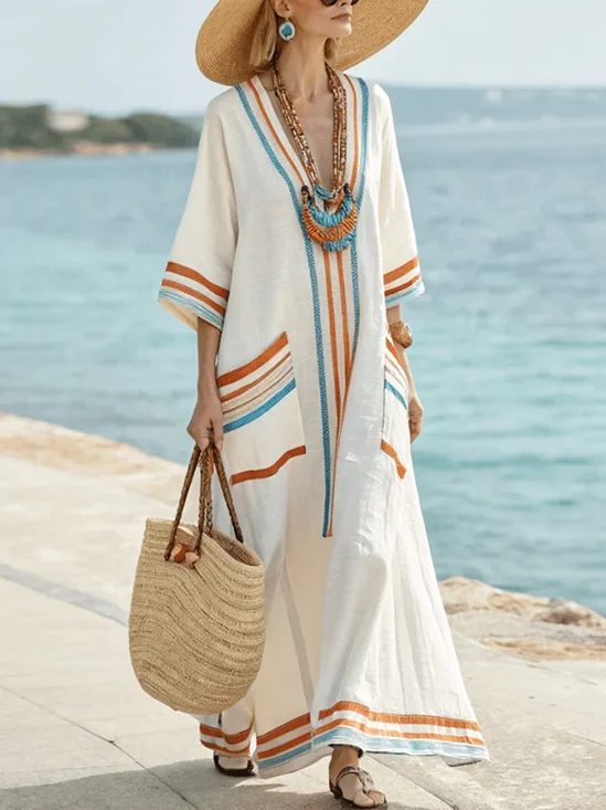 Vacation Color Block Printing V Neck Maxi Dress