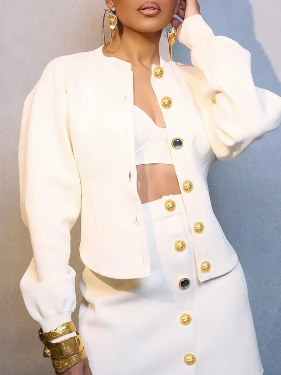 Urban Buttoned Plain Crew Neck Jacket