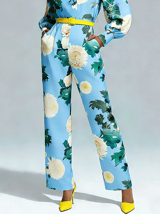 Urban Floral Printing Straight Pants No Belt