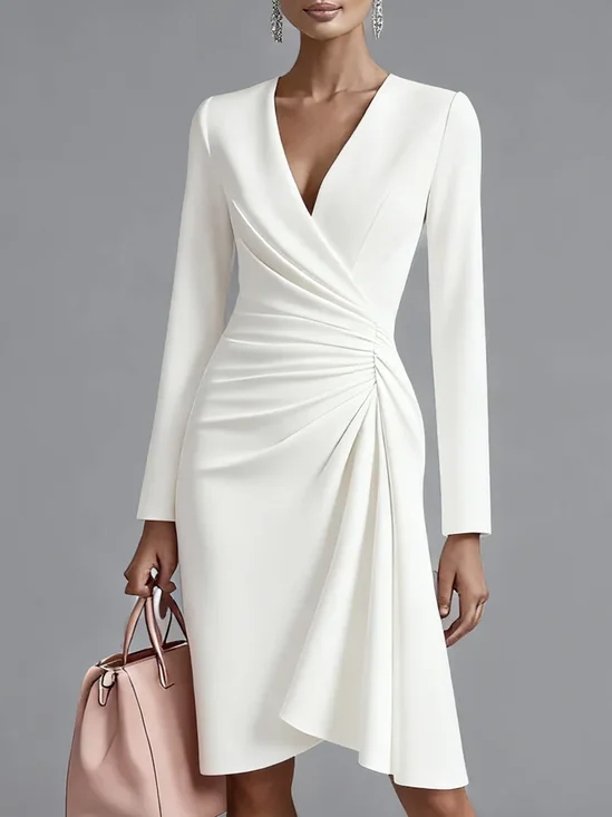 Urban Plain Ruched V Neck Midi Dress