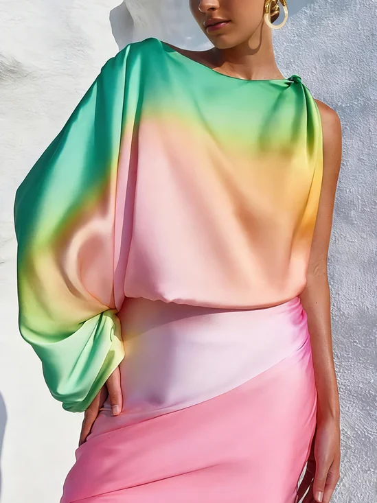 Satin Elegant Gradient Pattern Printing Boat Neck One Shoulder Sleeve Blouse