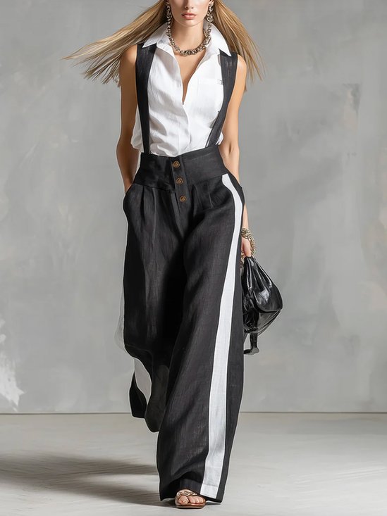 Cotton And Linen Casual Buttoned Color Block Overall Bib Pants