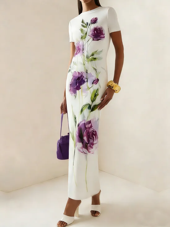 Elegant Floral  Printing Crew Neck Maxi Dress