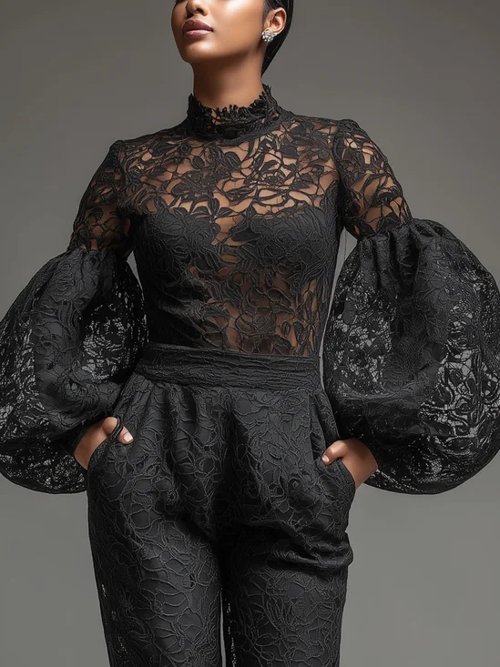 Elegant Plain Stand Collar Balloon Sleeve Blouse