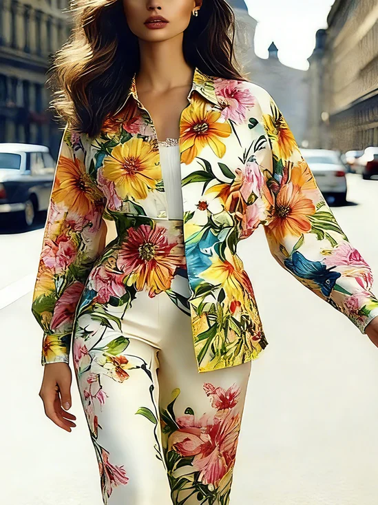 Urban Floral Printing Shirt Collar Shirt