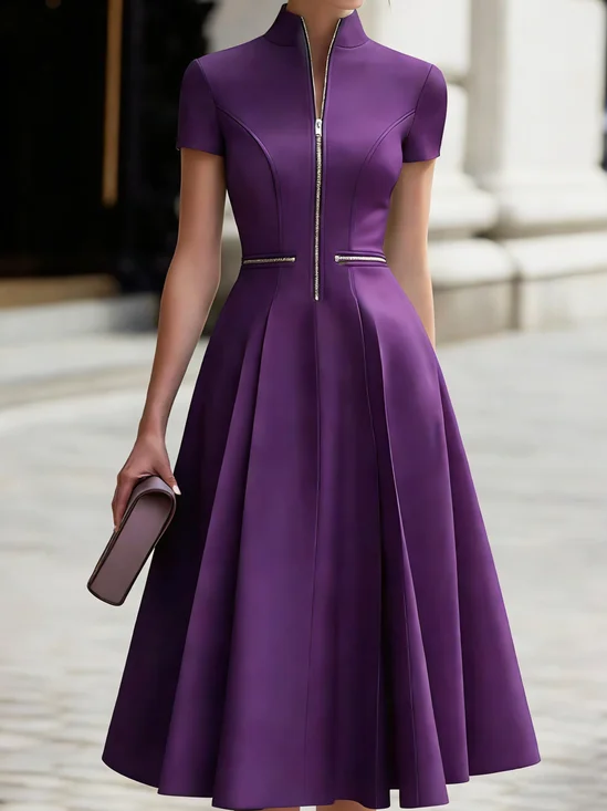 Elegant Plain Stand Collar Midi Dress