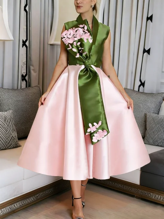 Elegant Color Block Split Joint V Neck Maxi Party Dress