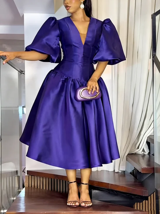 Satin Elegant Plain Puff Sleeve V Neck Midi Party Dress