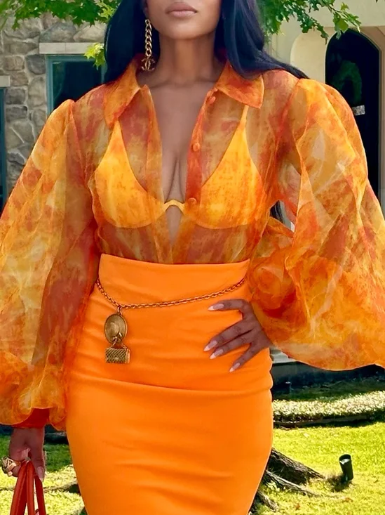 Elegant Random Print Printing Shirt Collar Balloon Sleeve Shirt