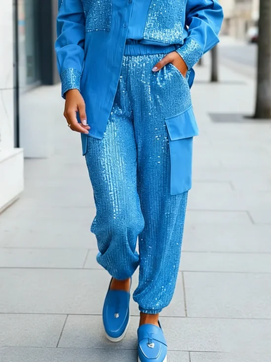 Casual Plain Glitter Cargo Pants