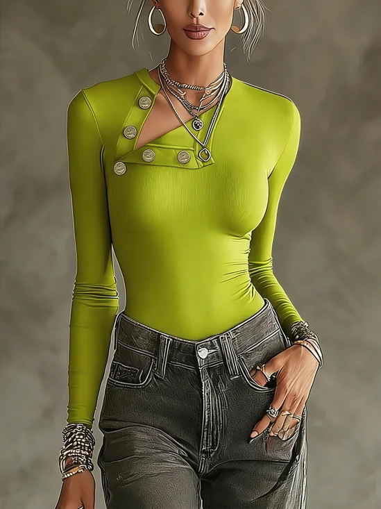 Urban Plain Buttoned Asymmetrical T-shirt