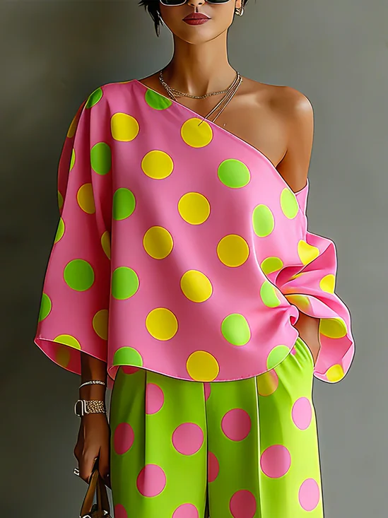 Vacation Polka Dots Printing Asymmetrical Blouse