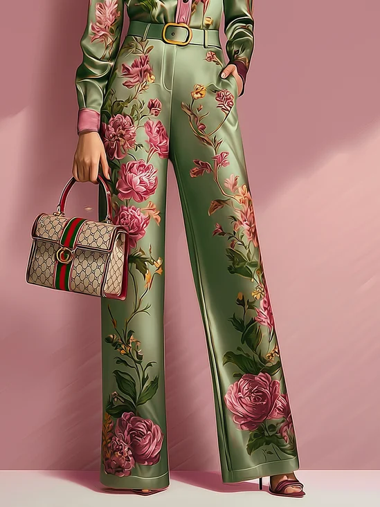 Urban Floral Printing Straight Pants With Belt